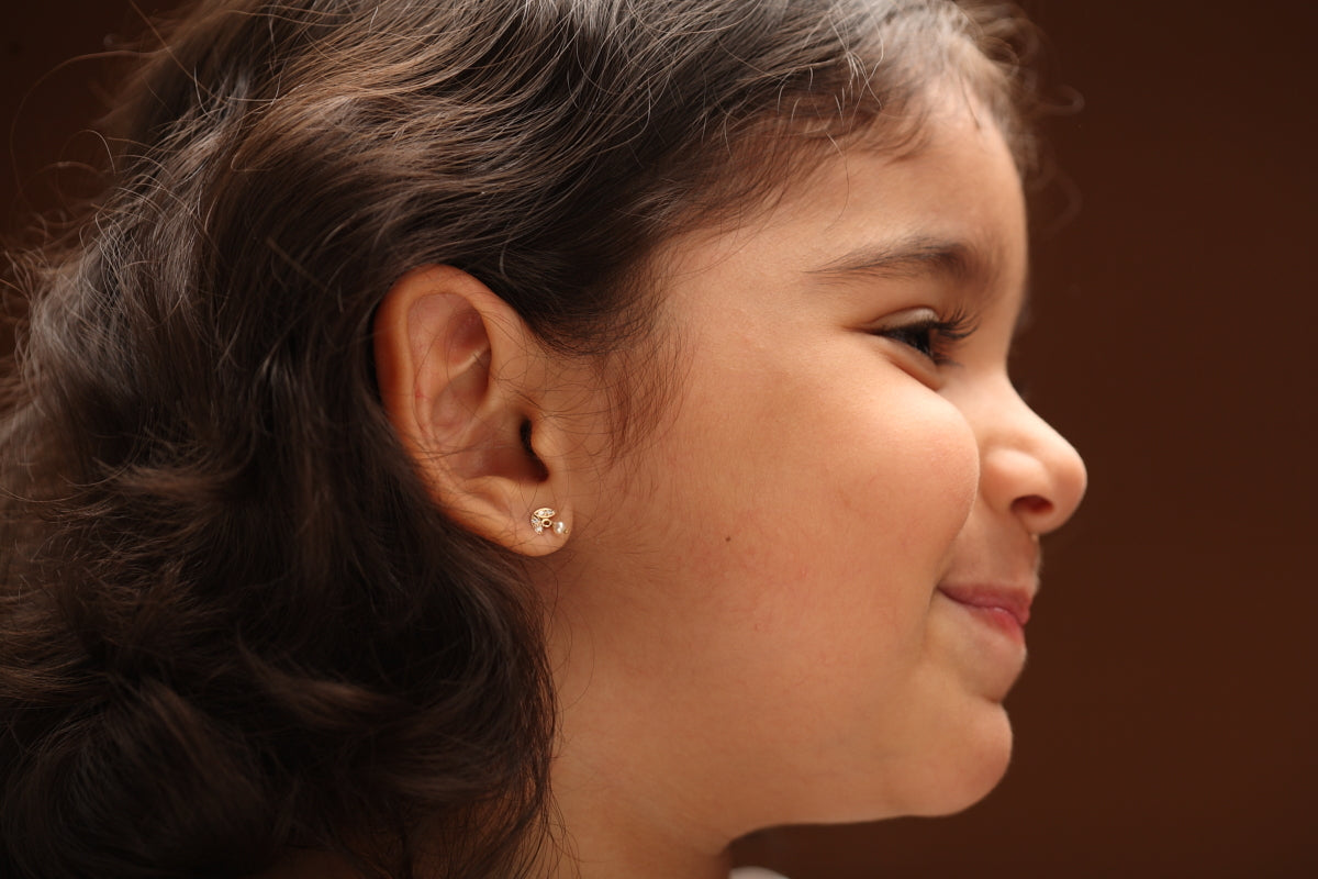 The Babyrasa Ashmita Leaf Gold, Pearl and Diamond Ear Studs by Rasvihar