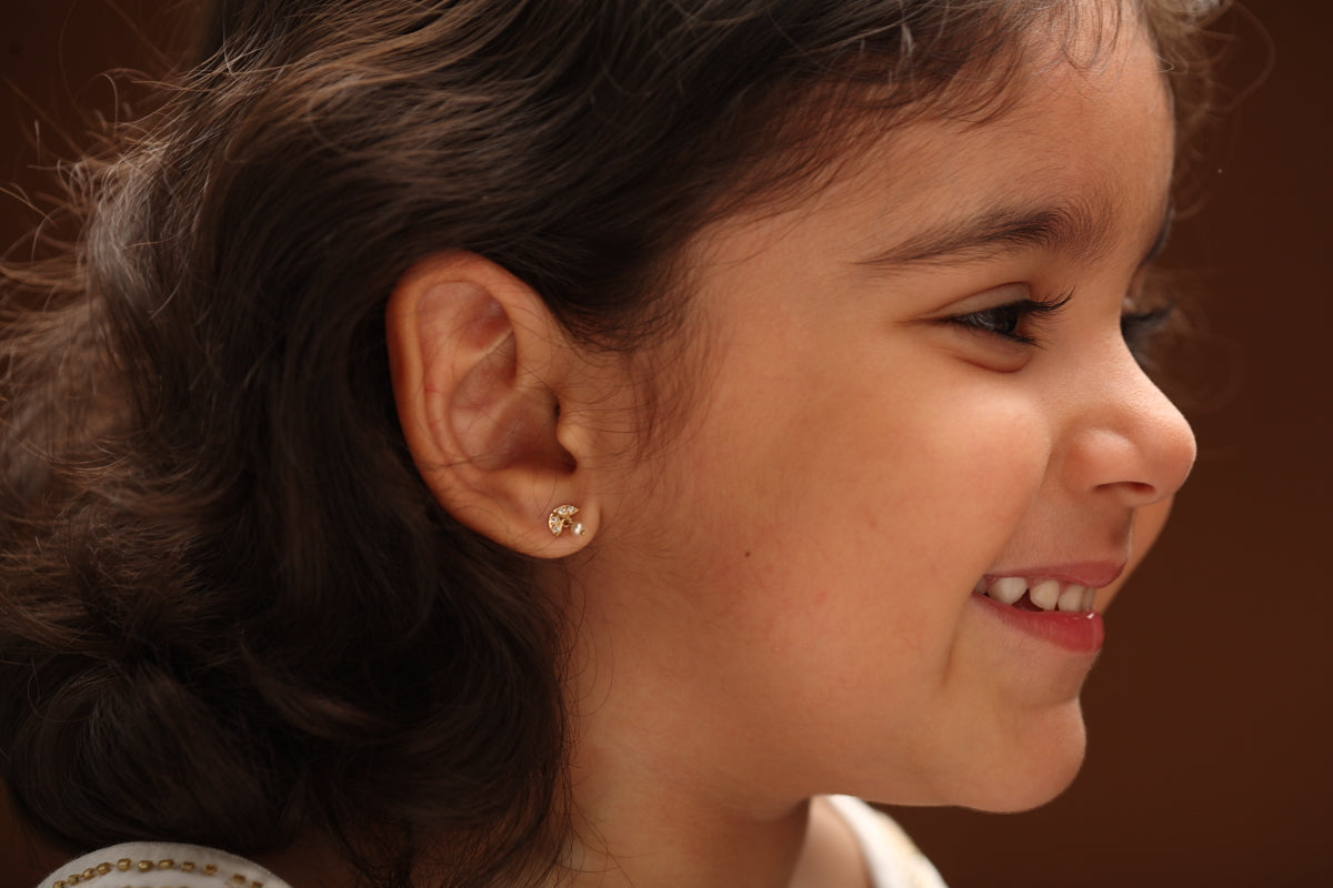 The Babyrasa Ashmita Leaf Gold, Pearl and Diamond Ear Studs by Rasvihar