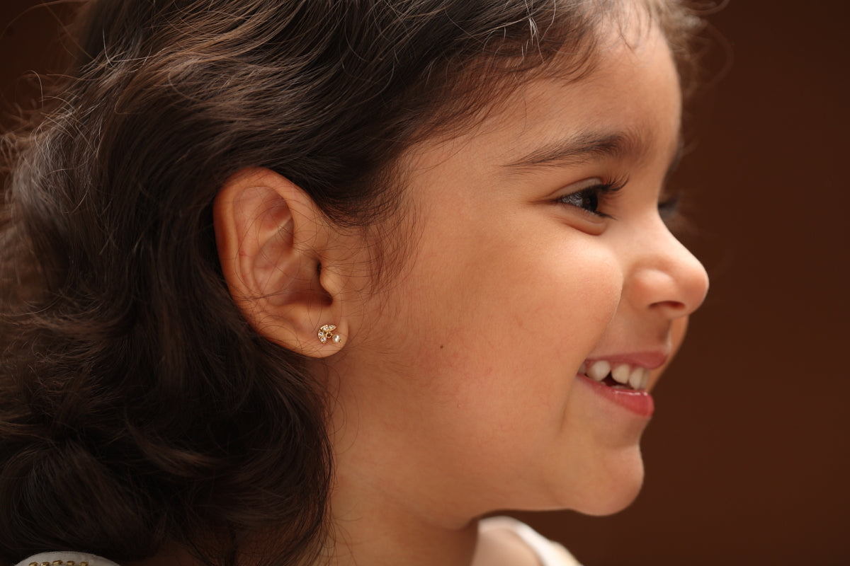 The Babyrasa Ashmita Leaf Gold, Pearl and Diamond Ear Studs by Rasvihar