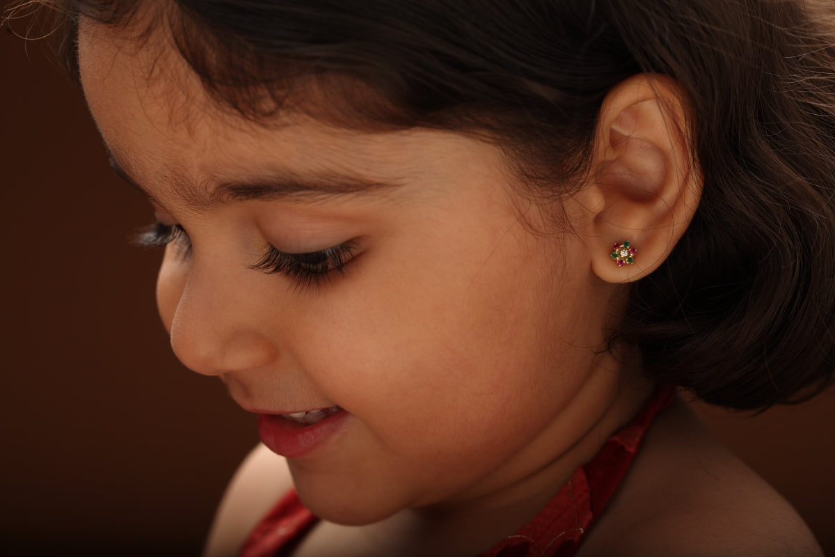 The Babyrasa Revati Floral Gold, Diamond, Ruby and Emerald Ear Studs by Rasvihar