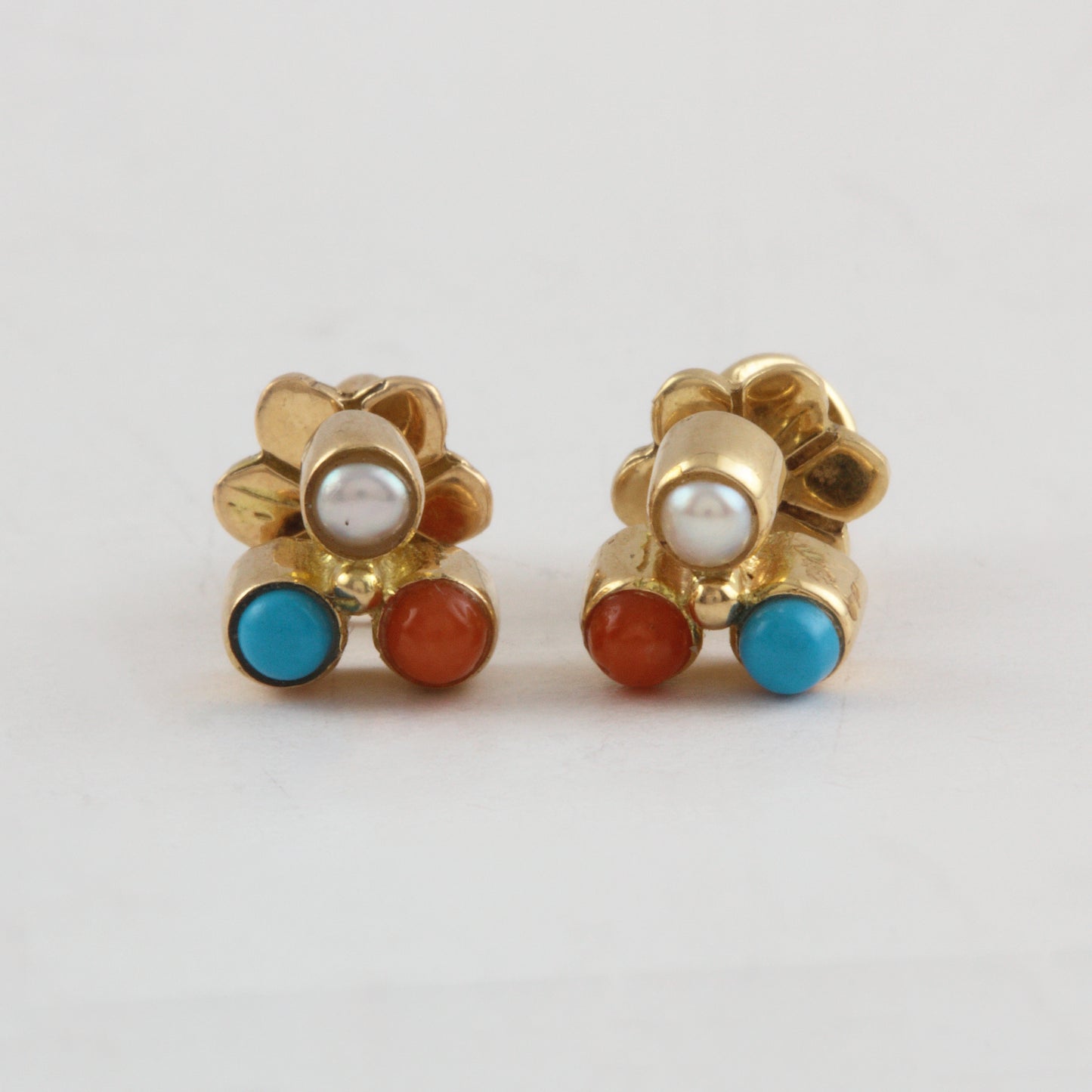 The Babyrasa Kamala Floral Gold, Coral, Turquoise and Pearl Ear Studs by Rasvihar