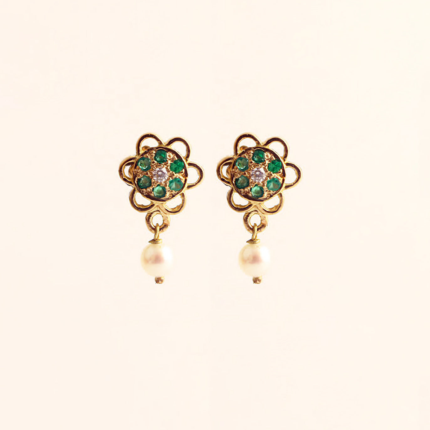 The Babyrasa Janya Floral Gold, Diamond, Emerald and Pearl Ear Studs by Rasvihar