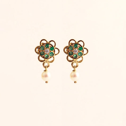 The Babyrasa Janya Floral Gold, Diamond, Emerald and Pearl Ear Studs by Rasvihar