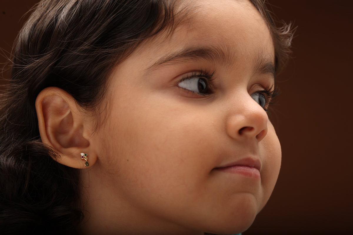 The Babyrasa Anjali Floral Gold, Diamond, Ruby and Emerald Ear Studs by Rasvihar