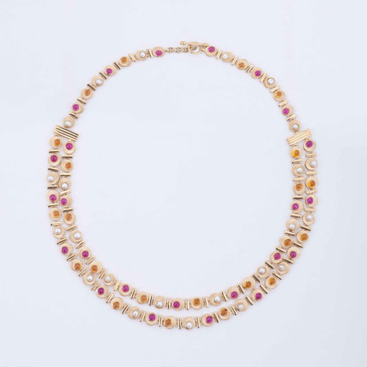 The Arundhati Gold, Pearl, Ruby and Orange Sapphire Necklace by Rasvihar