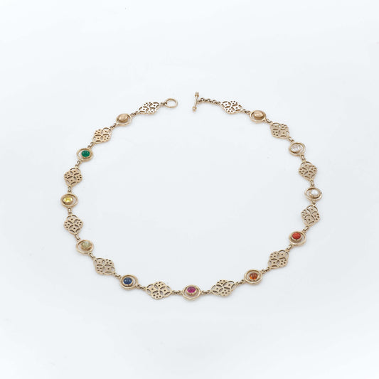 The Jaali / Lace Gold, Navratna and Diamond Necklace by Rasvihar