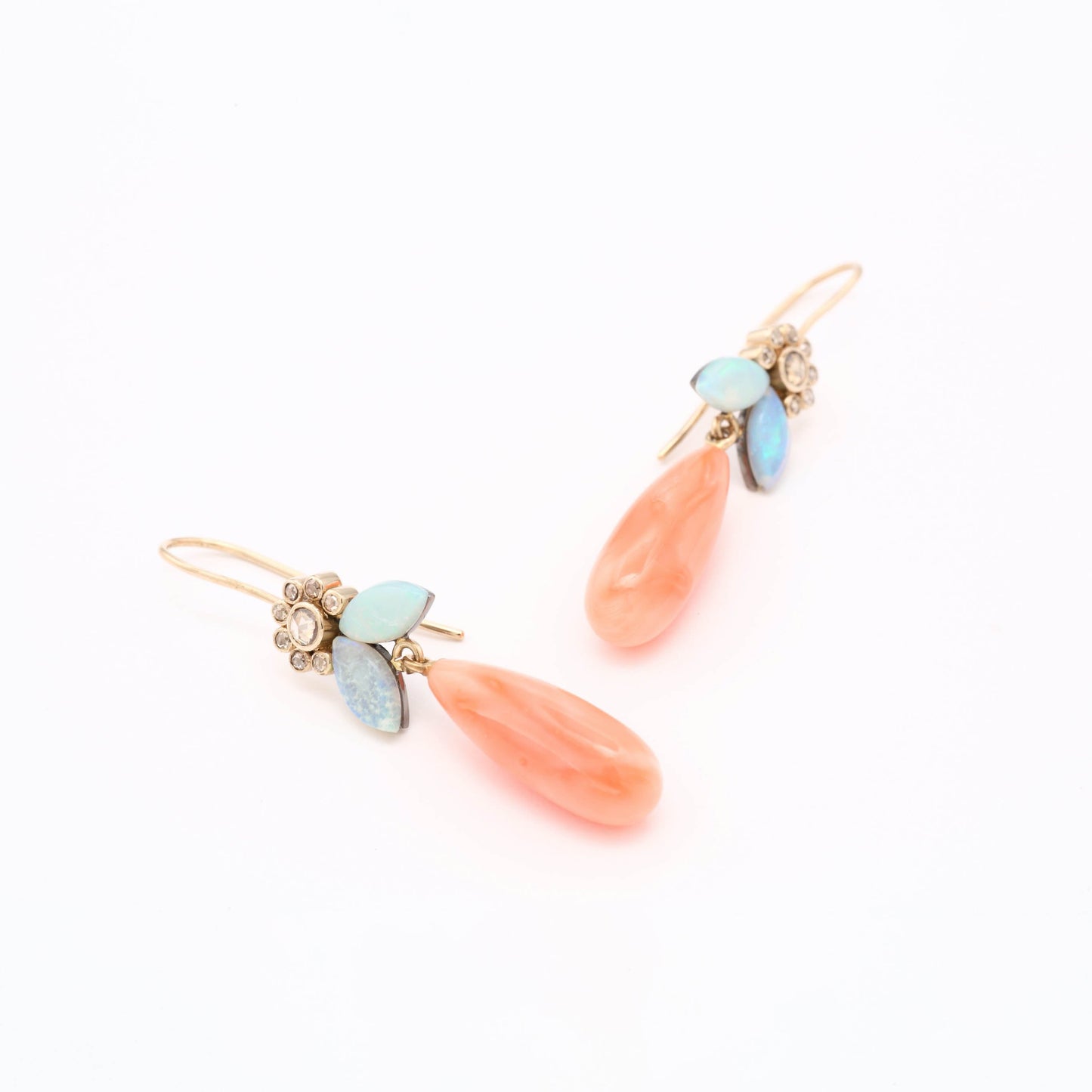 The Hiranya Gold, Diamond, Opal, Coral and Diamond Long Earrings by Rasvihar