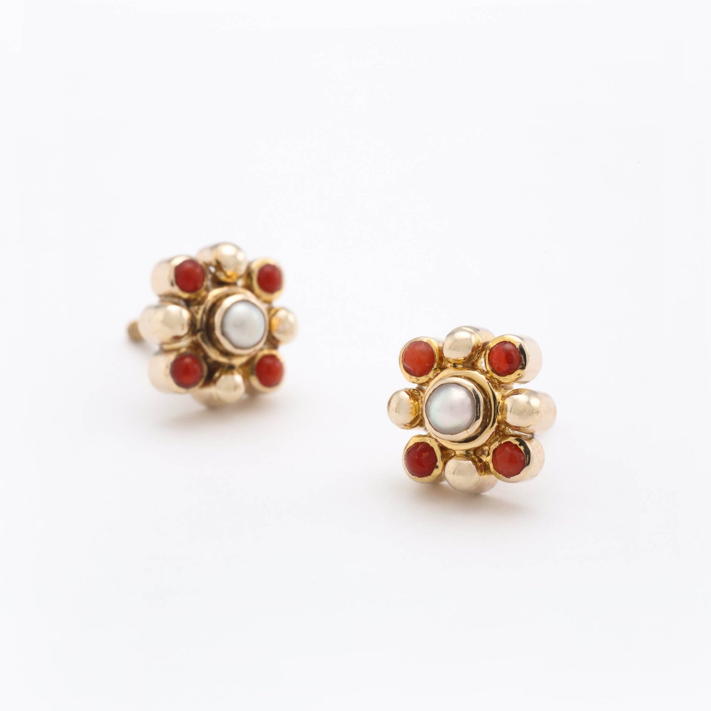 The Arohana Gold, Coral and Pearl Ear Studs by Rasvihar