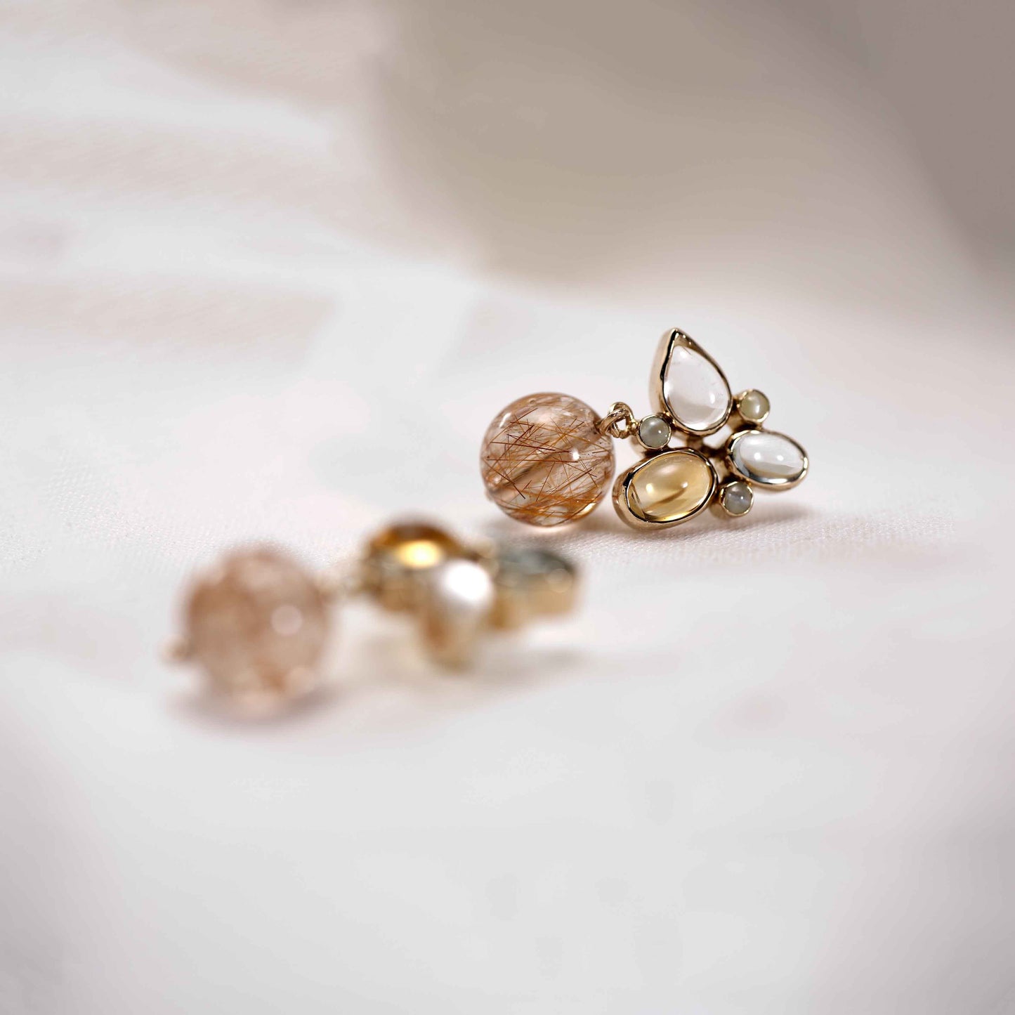 The Tejasvini Gold, Rutile, Cat's Eye, Topaz, Citrine and Topaz Ear Studs by Rasvihar