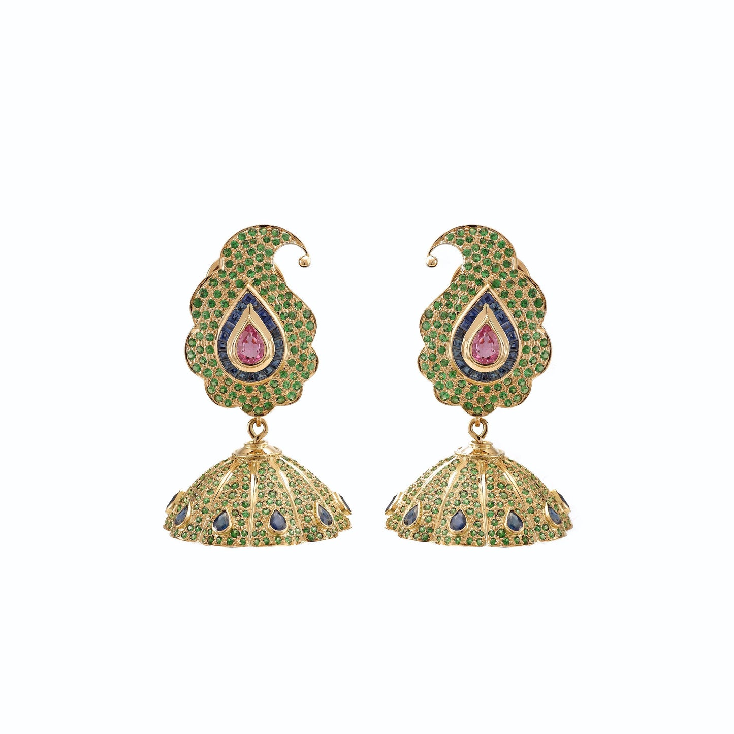 The Devyani Gold, Blue Sapphire, Pink Sapphire, Blue Sapphire and Tsavorite Jhumka by Rasvihar