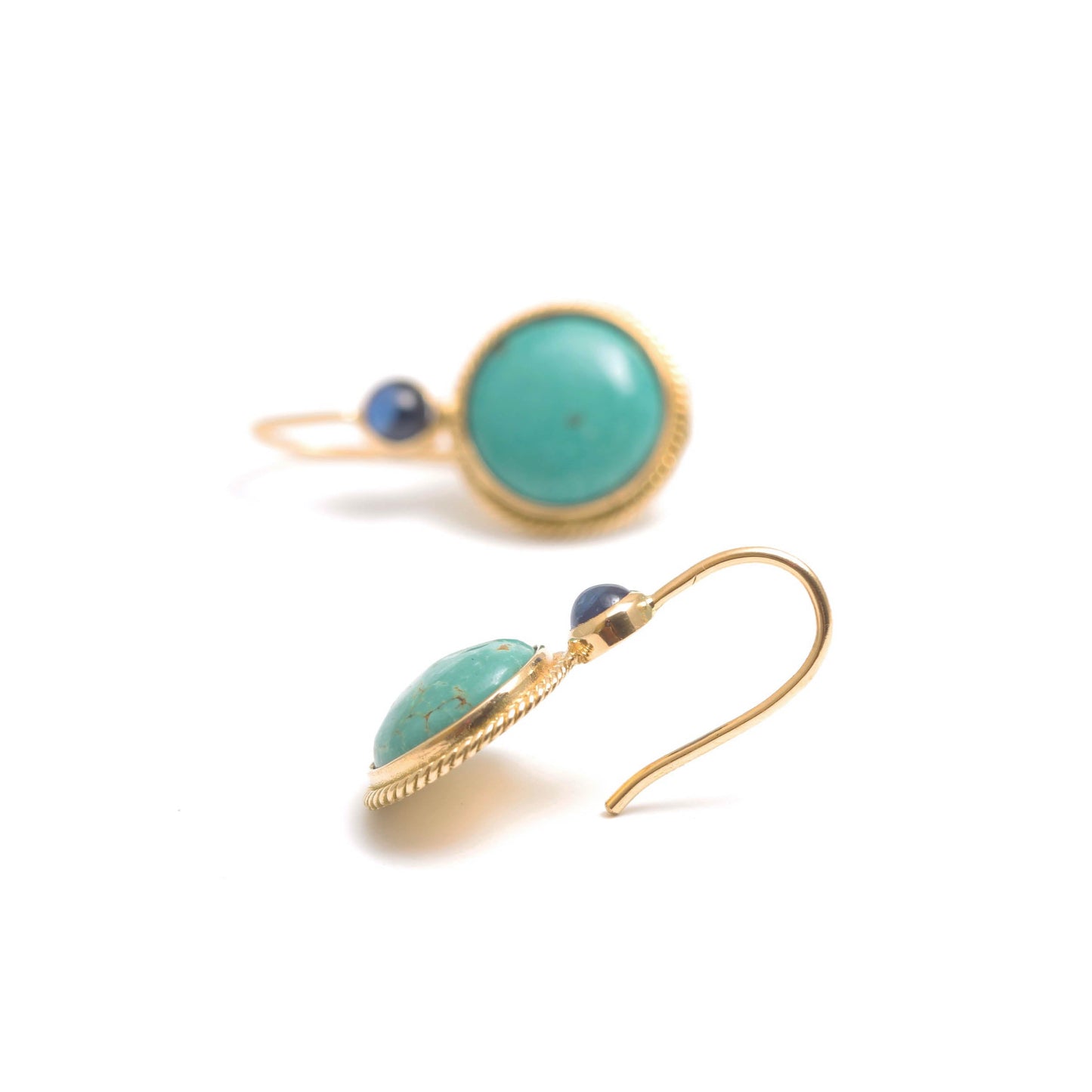 The Varsha Gold, Turquoise and Blue Sapphire Hook Earrings by Rasvihar