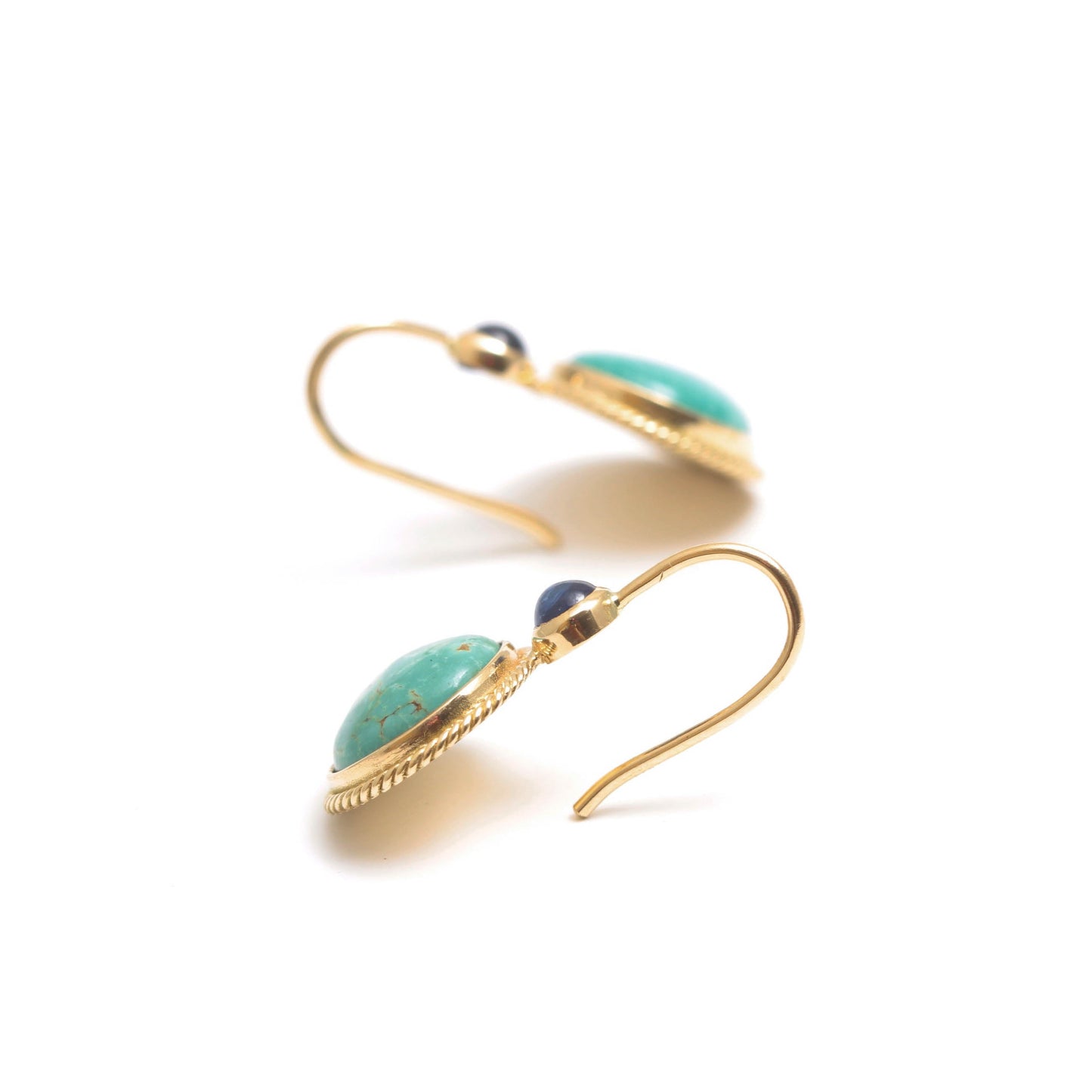 The Varsha Gold, Turquoise and Blue Sapphire Hook Earrings by Rasvihar
