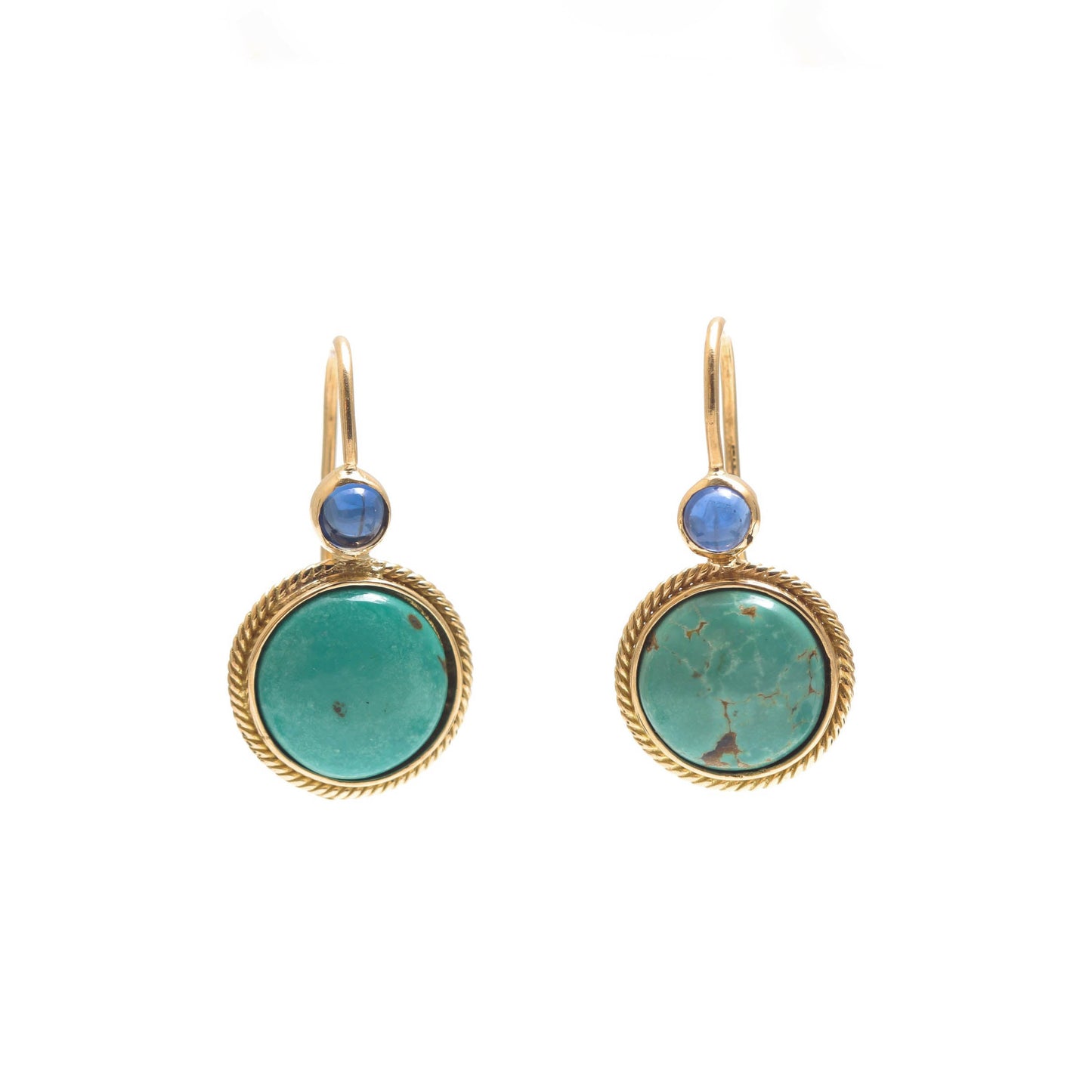 The Varsha Gold, Turquoise and Blue Sapphire Hook Earrings by Rasvihar
