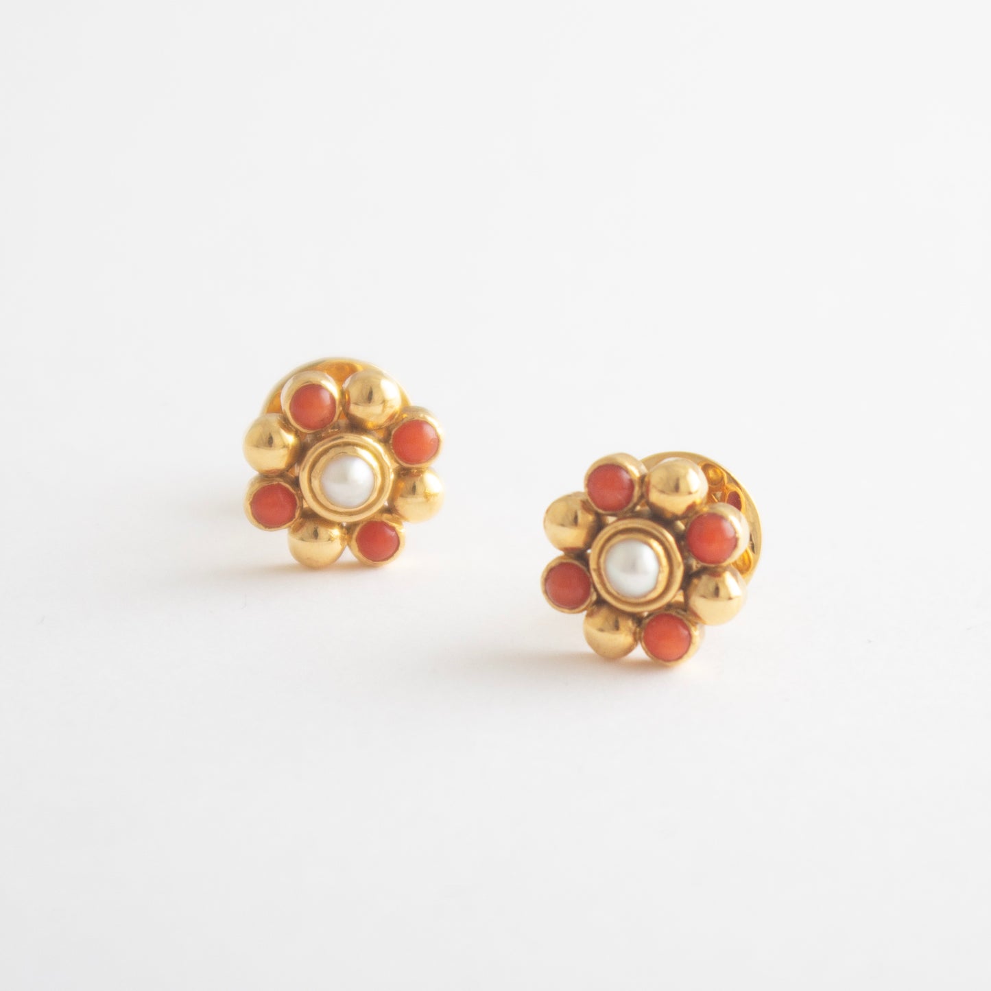 The Floral Gold, Coral and Pearl Ear Studs by Rasvihar