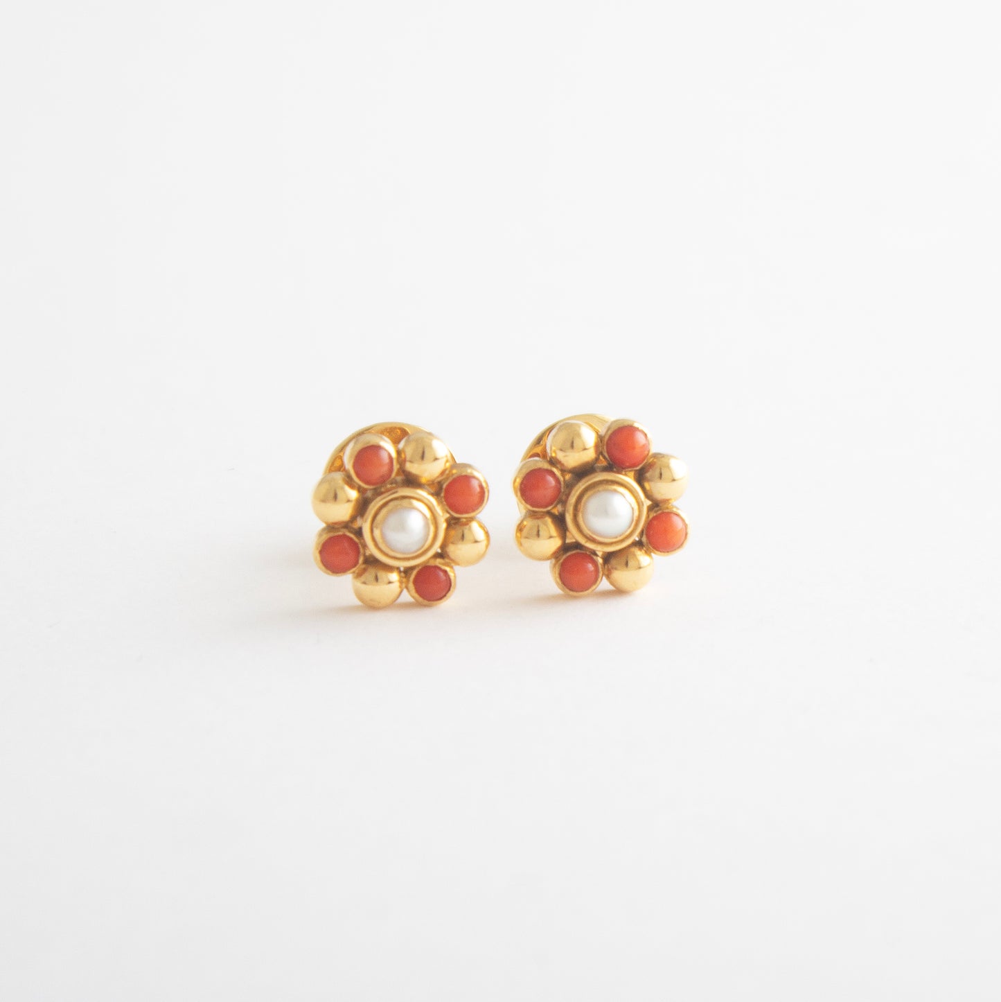 The Floral Gold, Coral and Pearl Ear Studs by Rasvihar