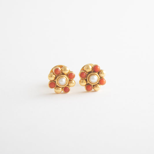 The Floral Gold, Coral and Pearl Ear Studs by Rasvihar