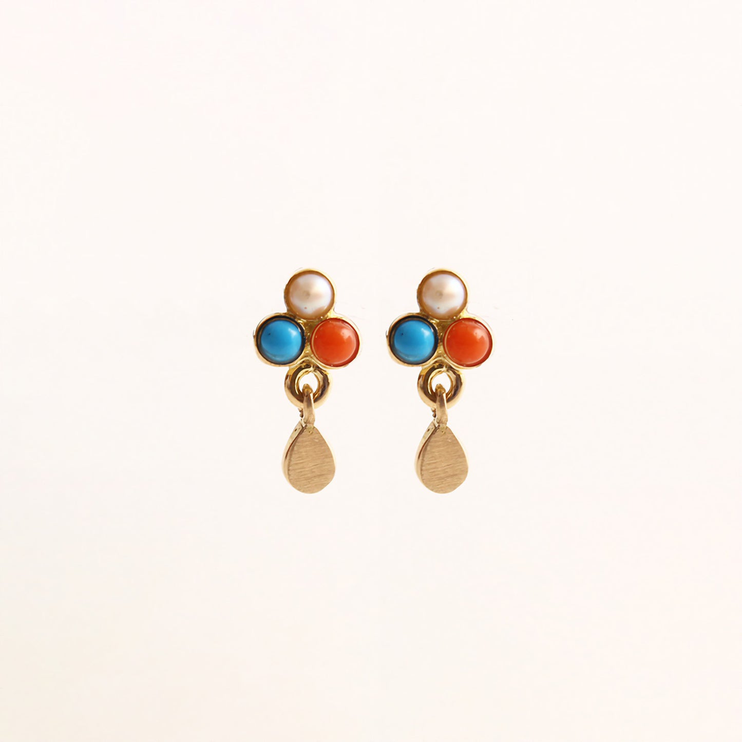 The Babyrasa Heena Floral Gold, Coral, Turquoise and Pearl Ear Studs by Rasvihar