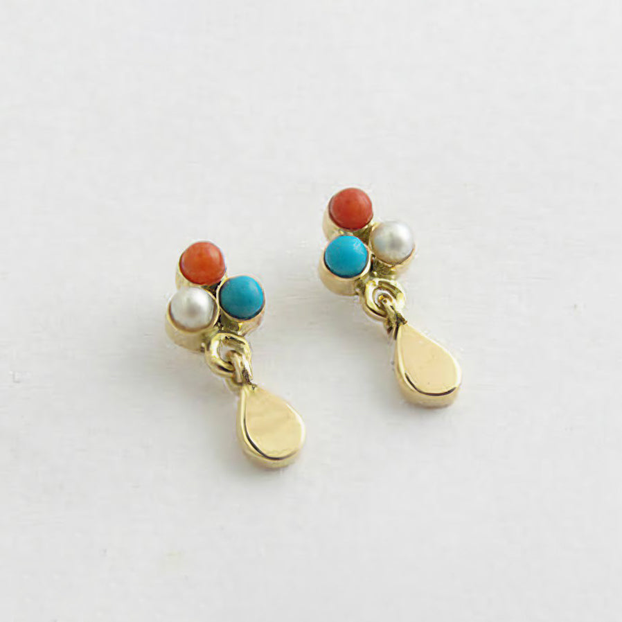 The Babyrasa Heena Floral Gold, Coral, Turquoise and Pearl Ear Studs by Rasvihar