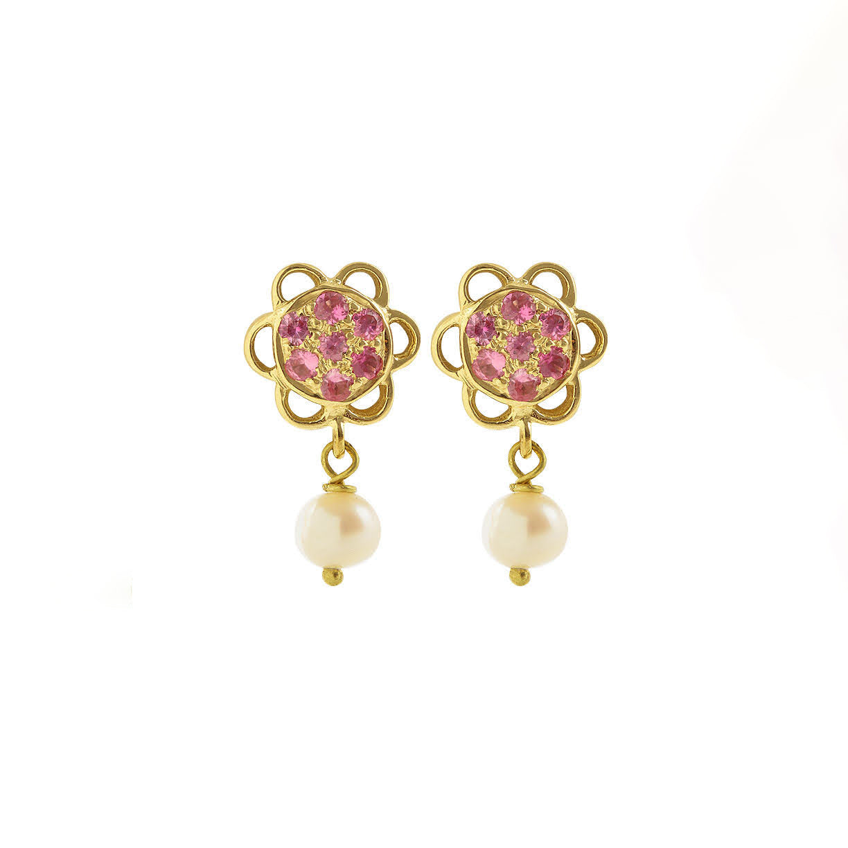 The Babyrasa Padmini Floral Gold, Pink Sapphire and Pearl Ear Studs by Rasvihar