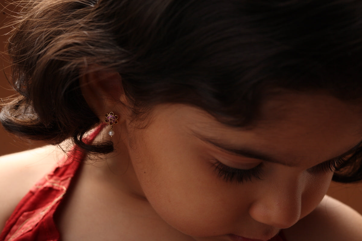 The Babyrasa Padmini Floral Gold, Pink Sapphire and Pearl Ear Studs by Rasvihar