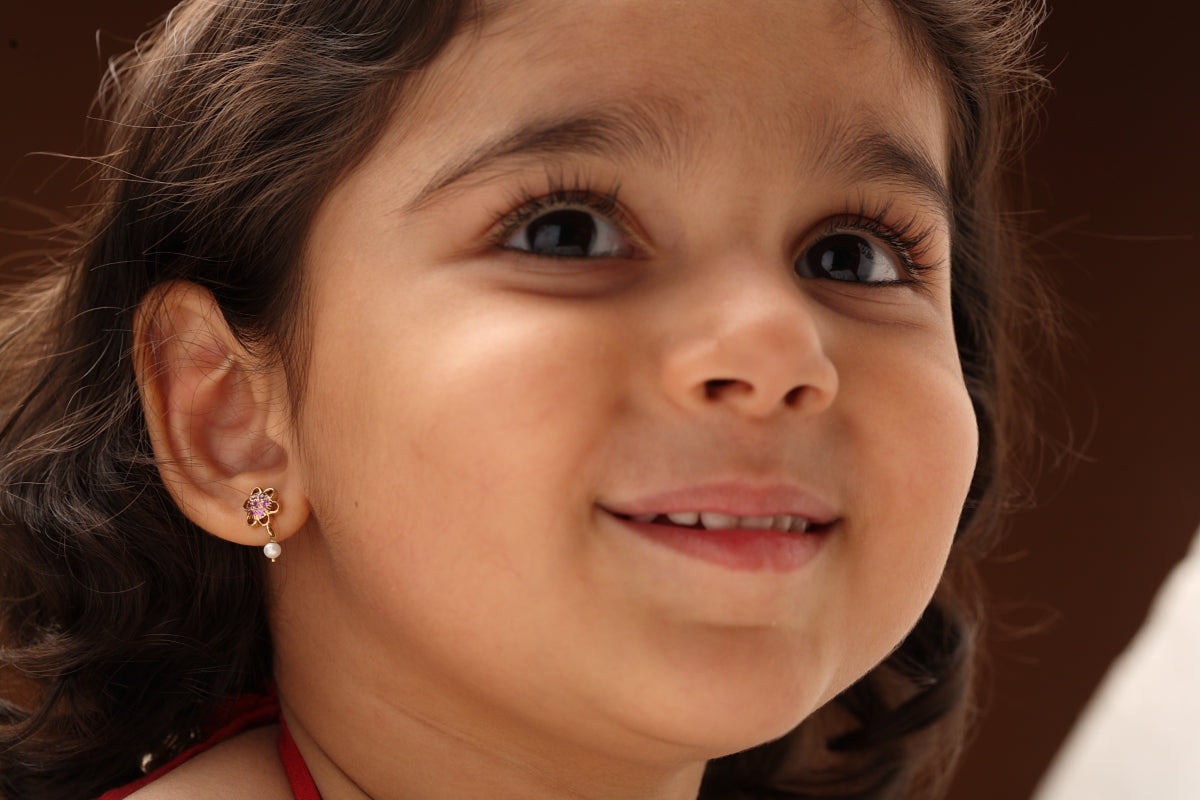 The Babyrasa Padmini Floral Gold, Pink Sapphire and Pearl Ear Studs by Rasvihar