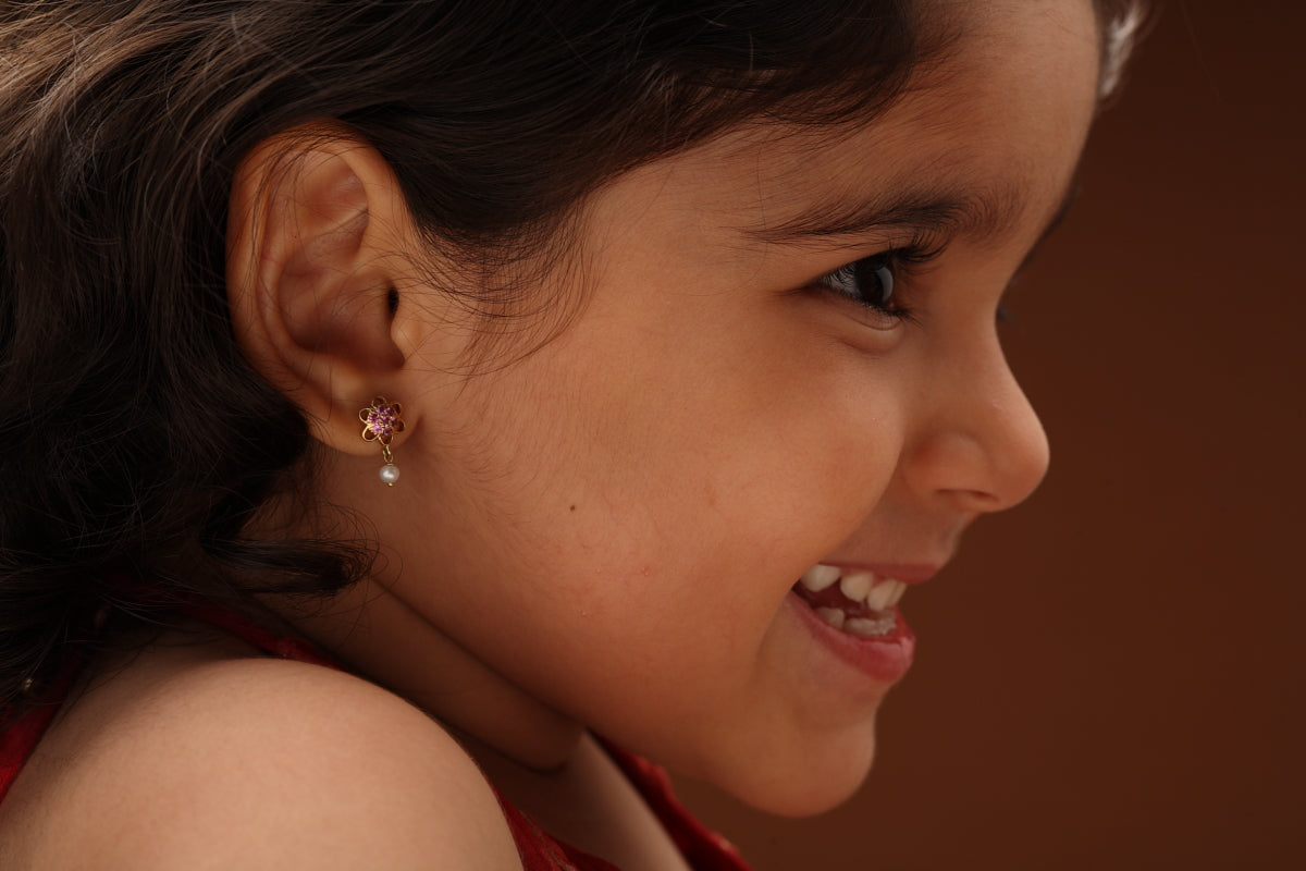 The Babyrasa Padmini Floral Gold, Pink Sapphire and Pearl Ear Studs by Rasvihar