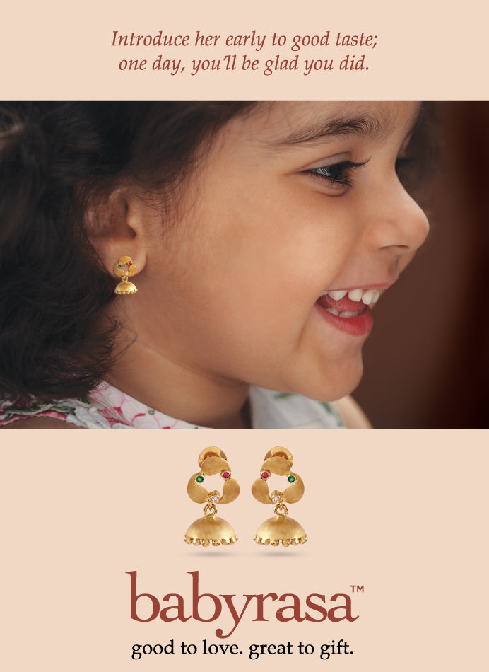 The Babyrasa Poornima Paisley Gold, Diamond, Ruby and Emerald Jhumka by Rasvihar