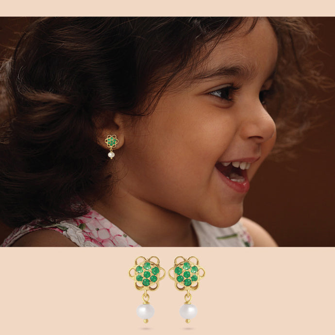 The Babyrasa Pallavi Floral Gold, Emerald and Pearl Ear Studs by Rasvihar