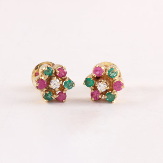 The Babyrasa Revati Floral Gold, Diamond, Ruby and Emerald Ear Studs by Rasvihar