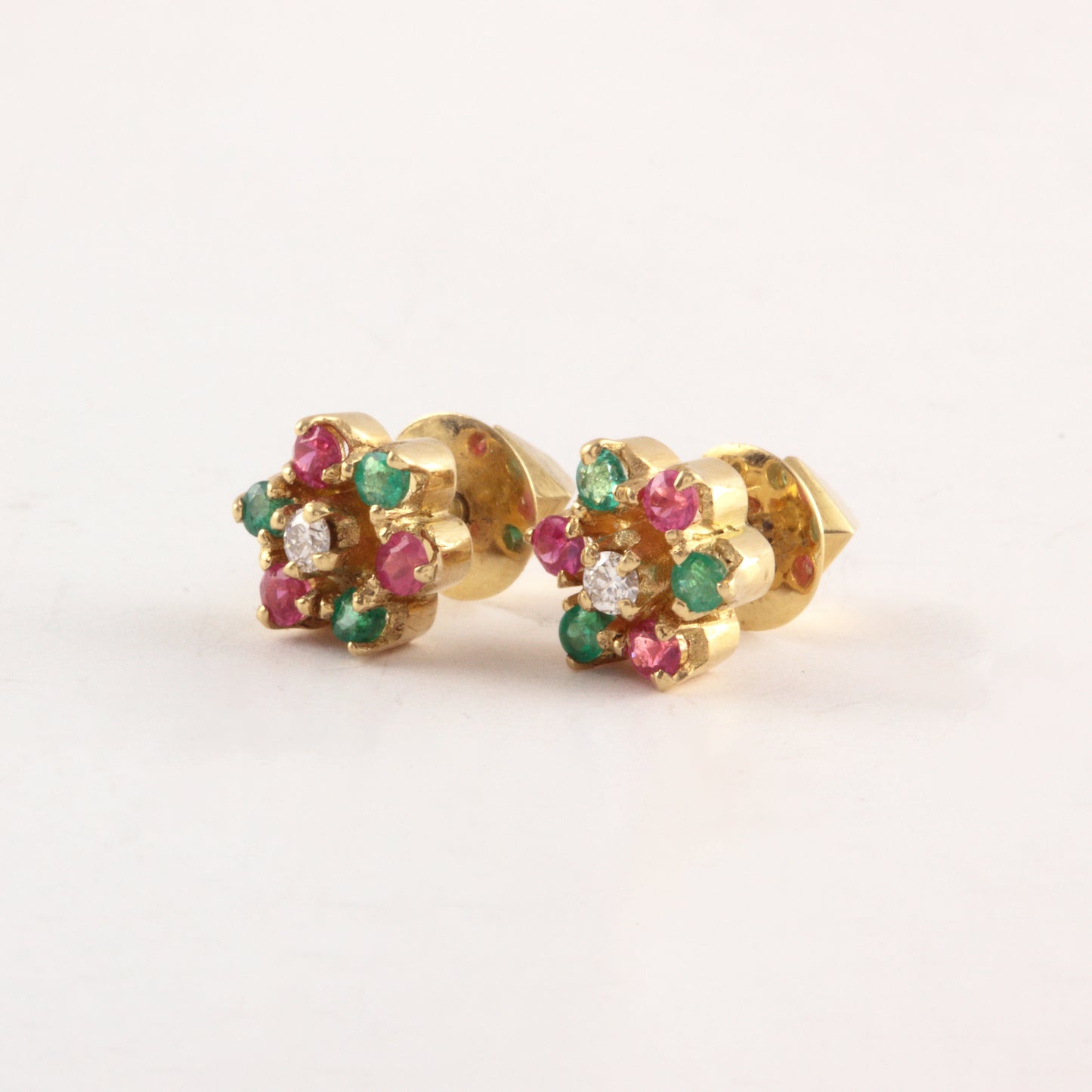 The Babyrasa Revati Floral Gold, Diamond, Ruby and Emerald Ear Studs by Rasvihar