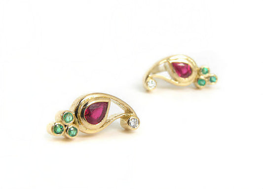 The Babyrasa Pratima Paisley Gold, Diamond, Ruby and Emerald Ear Studs by Rasvihar