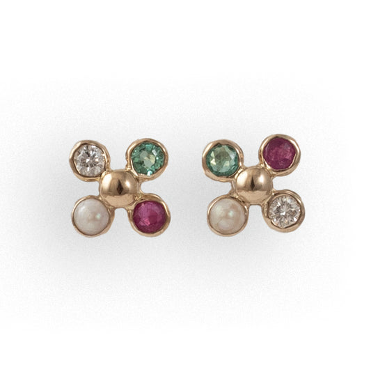 The Babyrasa Vanisha Floral Gold, Ruby, Emerald, Pearl and Diamond Ear Studs by Rasvihar