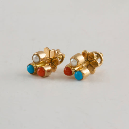 The Babyrasa Kamala Floral Gold, Coral, Turquoise and Pearl Ear Studs by Rasvihar