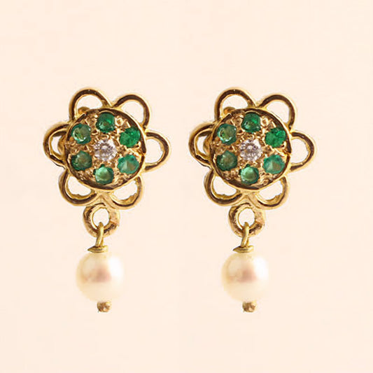 The Babyrasa Janya Floral Gold, Diamond, Emerald and Pearl Ear Studs by Rasvihar