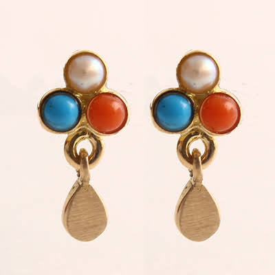 The Babyrasa Heena Floral Gold, Coral, Turquoise and Pearl Ear Studs by Rasvihar