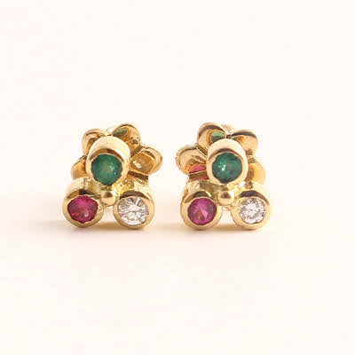 The Babyrasa Alena Floral Gold, Diamond, Emerald and Ruby Ear Studs by Rasvihar