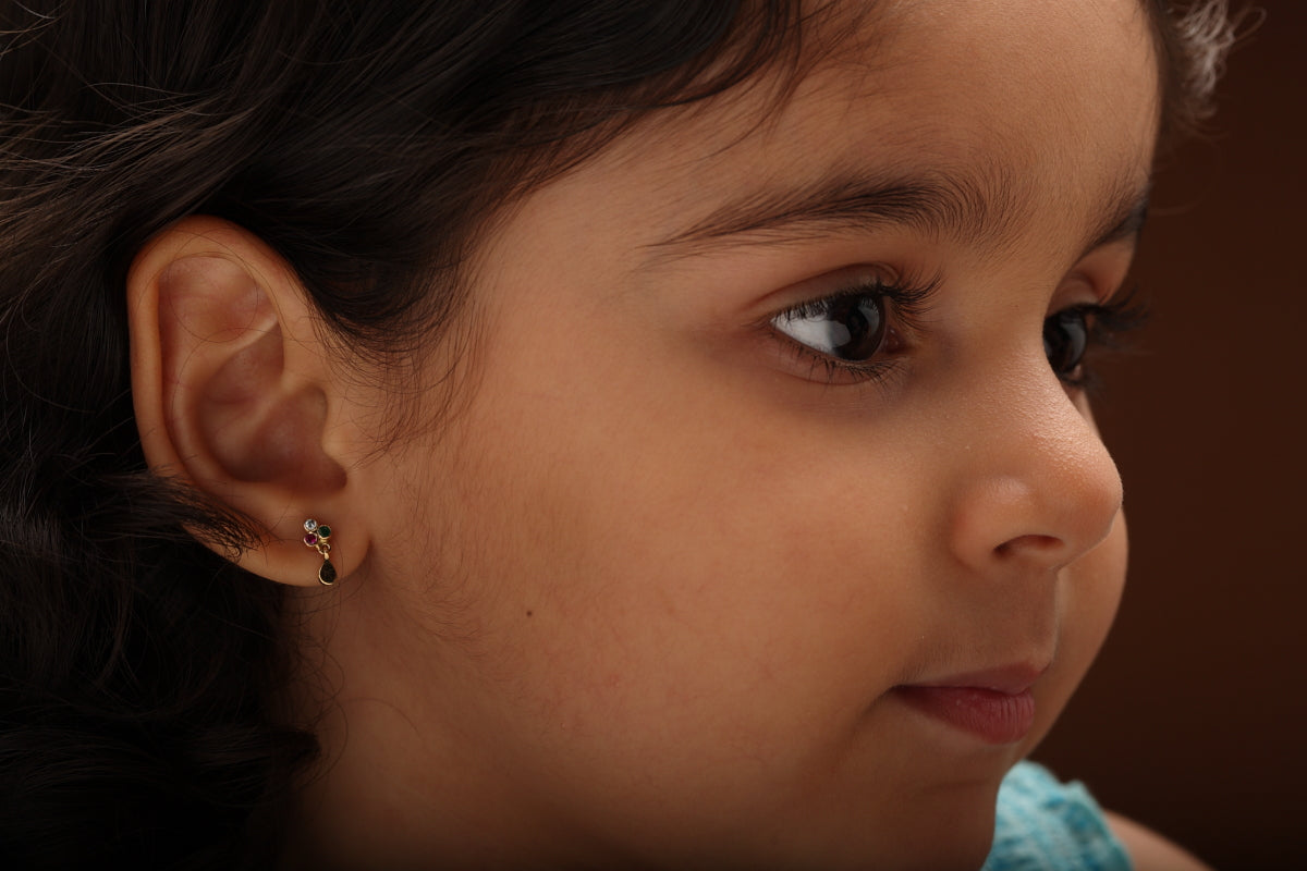 The Babyrasa Anjali Floral Gold, Diamond, Ruby and Emerald Ear Studs by Rasvihar