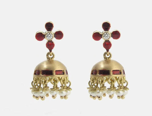 The Babyrasa Prema Enamel Gold, Diamond and Pearl Jhumka by Rasvihar