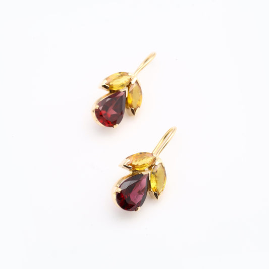 The Jyotsna Gold, Yellow Sapphire and Garnet Hook Earrings by Rasvihar