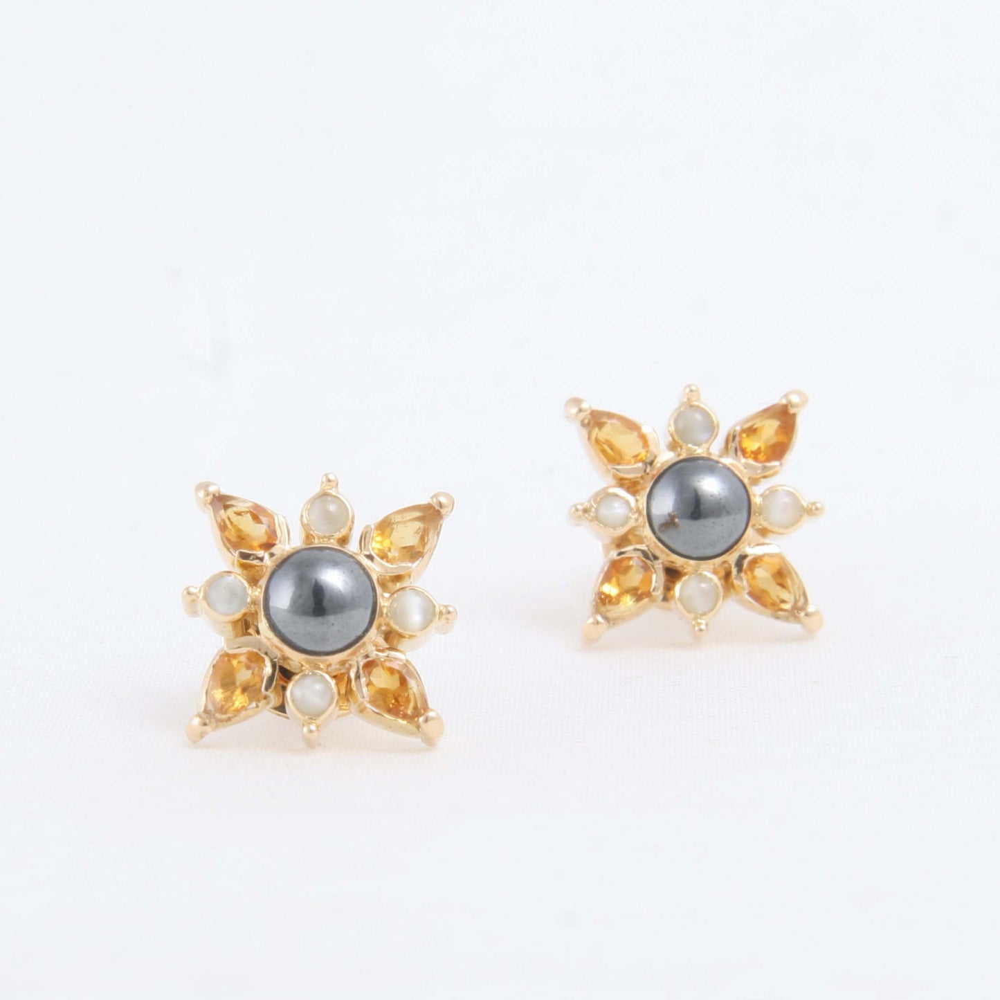 The Aloka Gold, Hematite, Citrine and Cat's Eye Ear Studs by Rasvihar