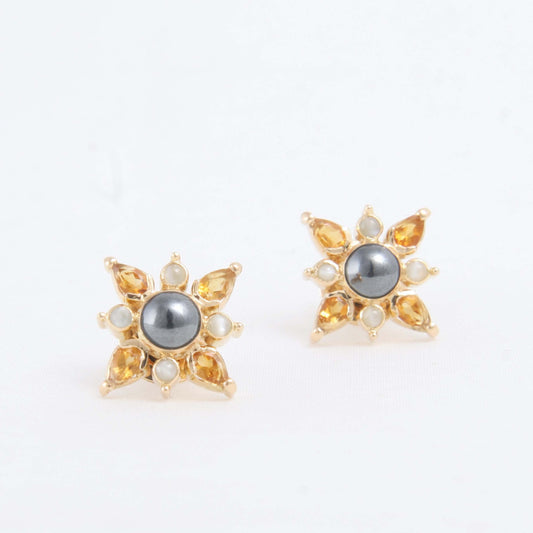 The Aloka Gold, Hematite, Citrine and Cat's Eye Ear Studs by Rasvihar