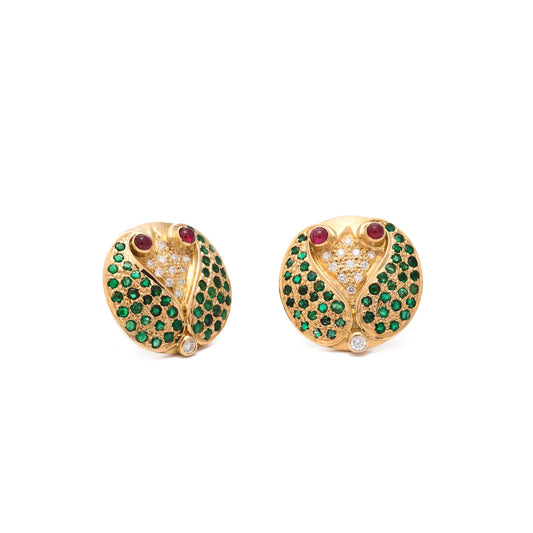 The Abha Gold, Diamond, Emerald, Ruby and Diamond Ear Studs by Rasvihar