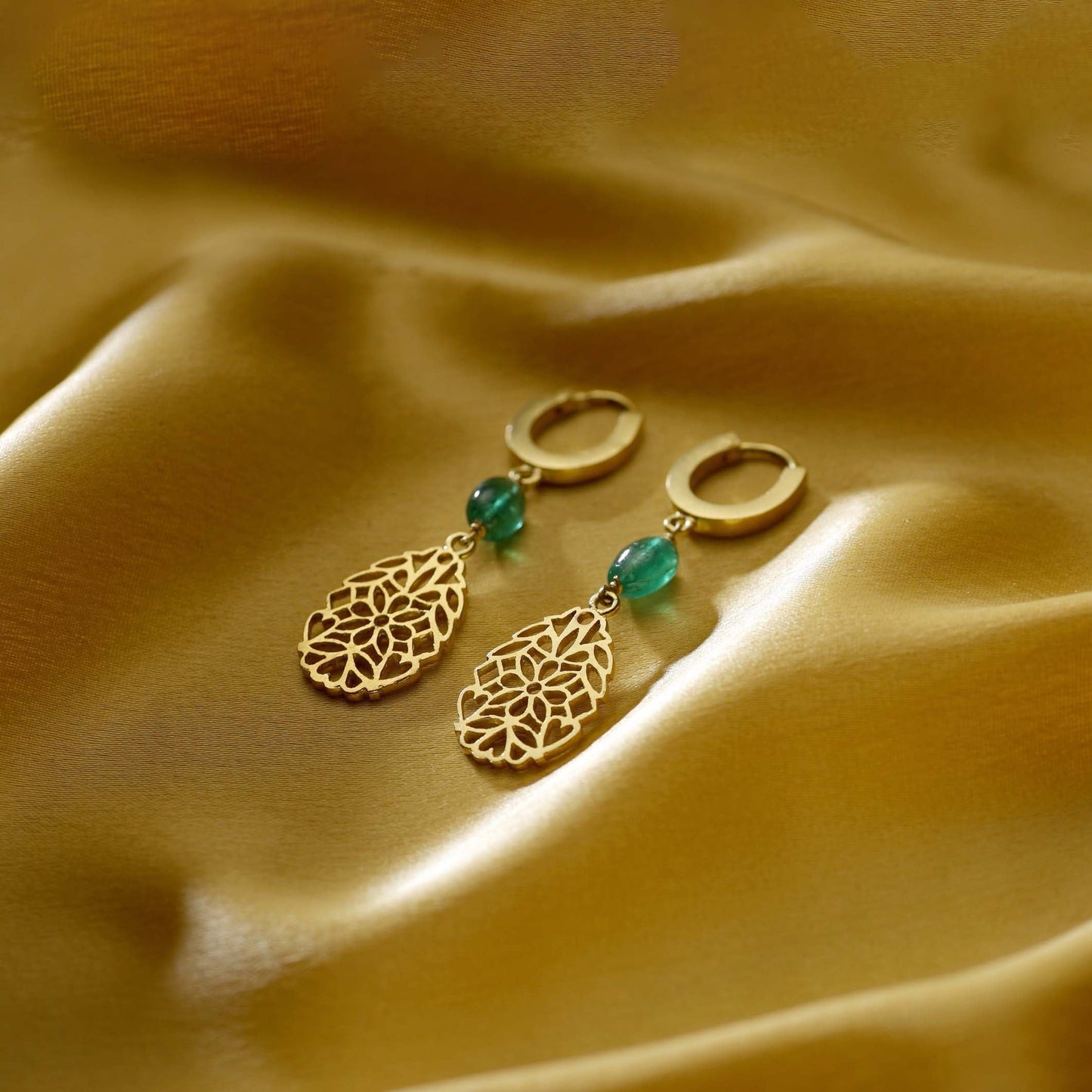 The Malavi Lace Series Gold and Emerald Long Earrings by Rasvihar