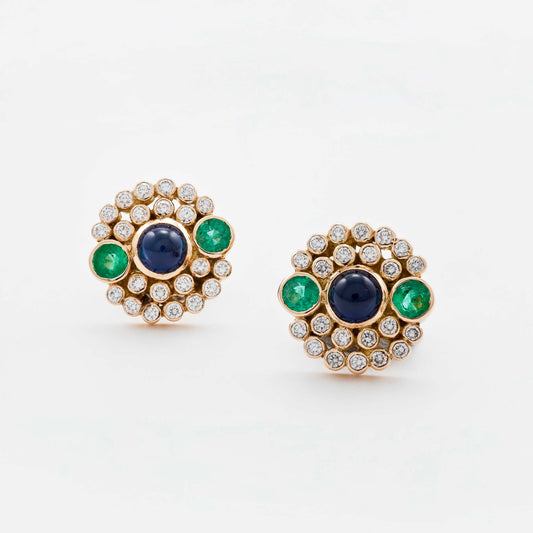The Kalpana Gold, Blue Sapphire, Emerald and Diamond Ear Studs by Rasvihar