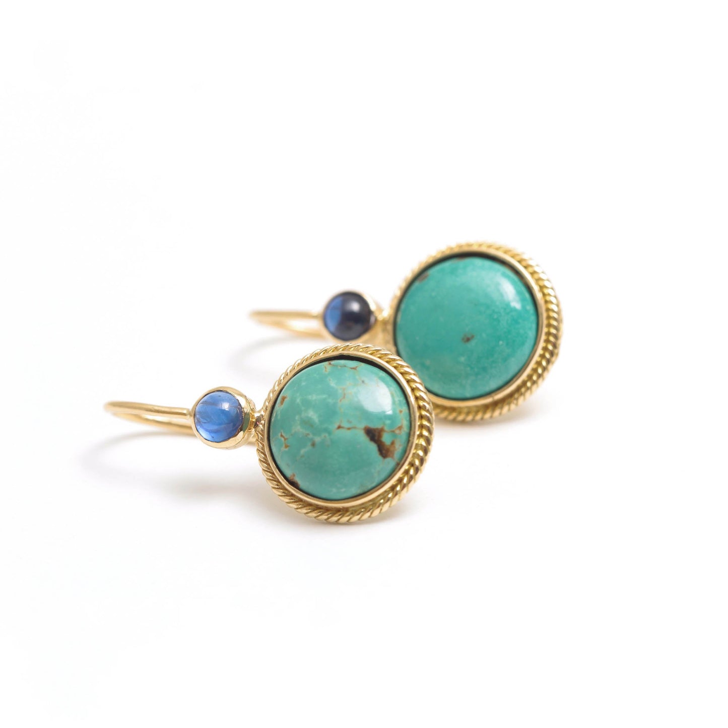 The Varsha Gold, Turquoise and Blue Sapphire Hook Earrings by Rasvihar