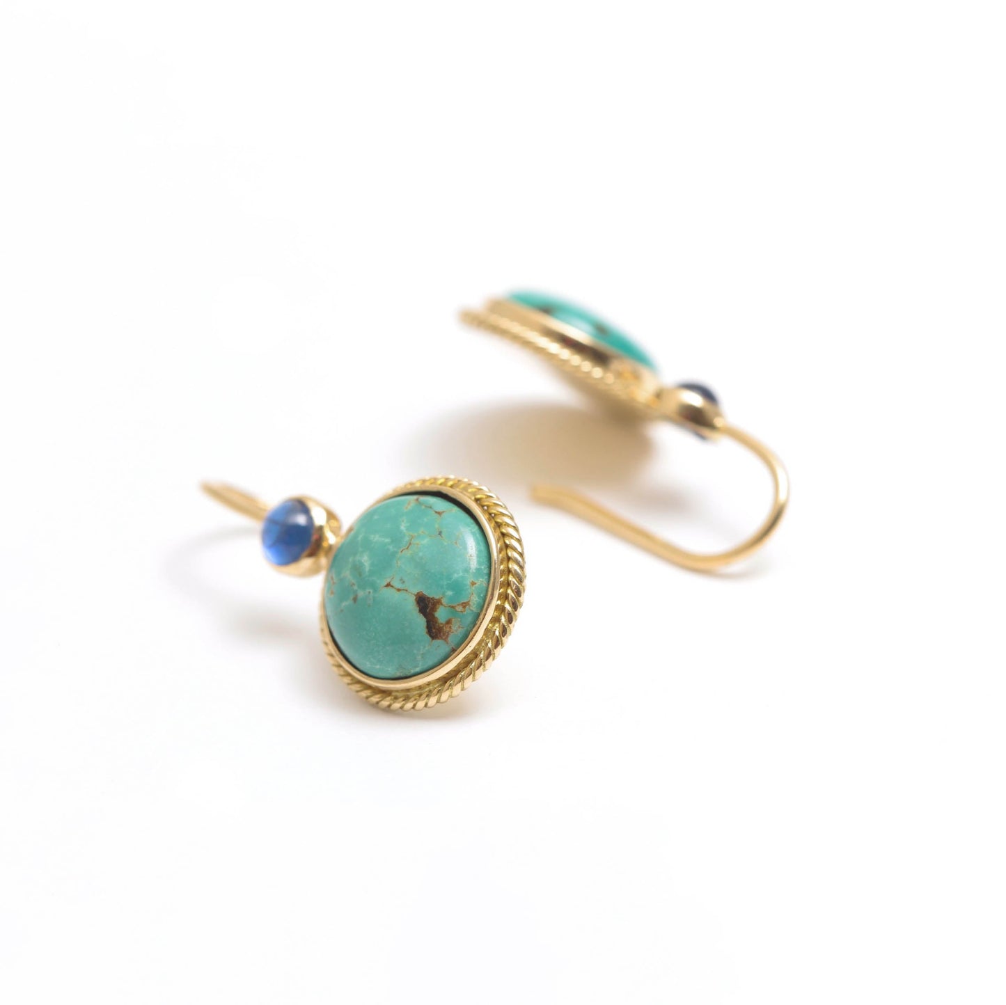 The Varsha Gold, Turquoise and Blue Sapphire Hook Earrings by Rasvihar