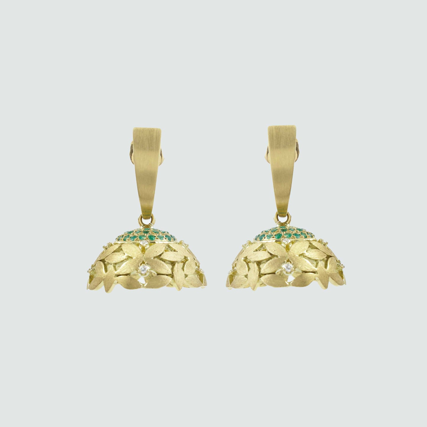 The Kurinji Leaf Series Gold, Diamond and Emerald Jhumka by Rasvihar