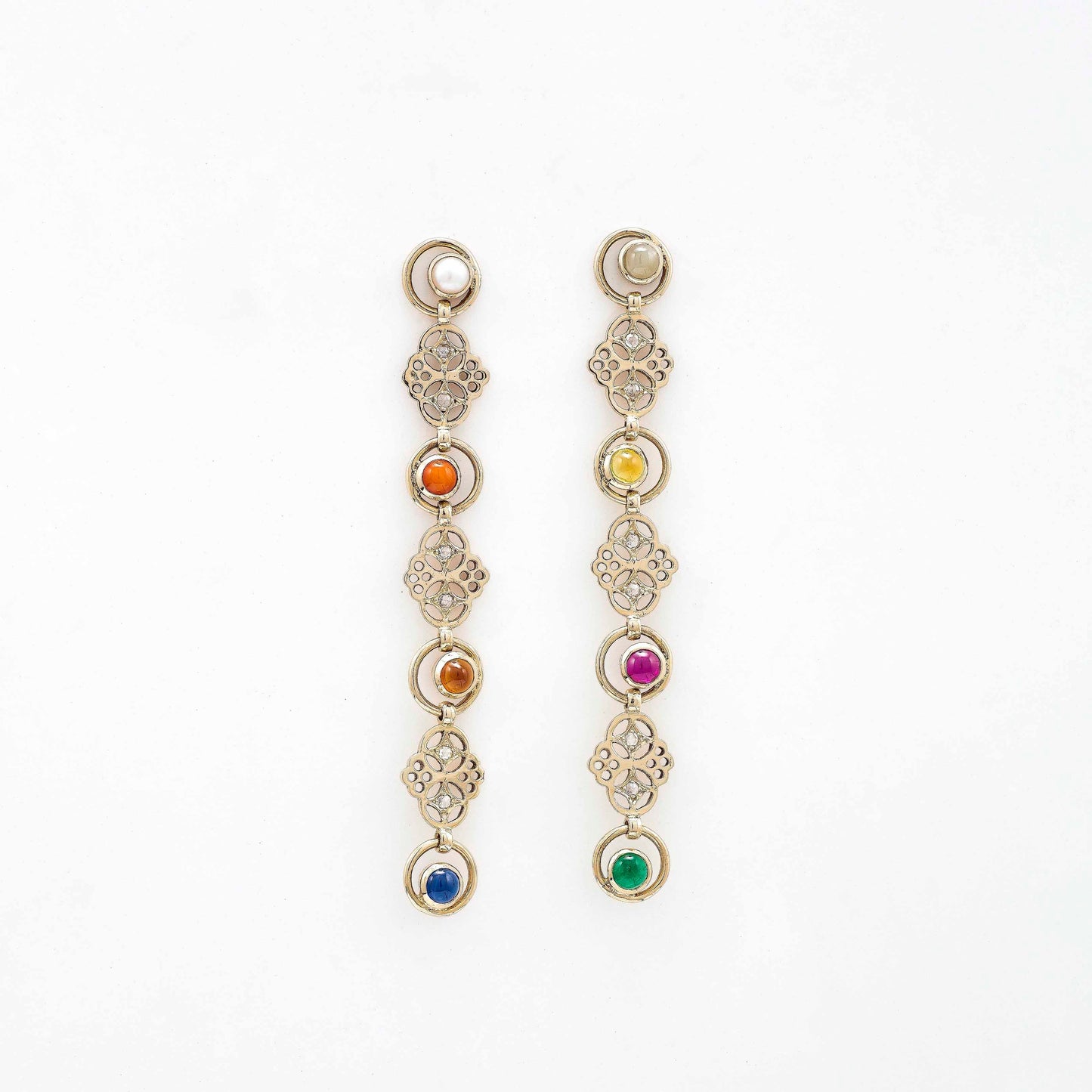 The Janani Navratna Series Gold, Diamond and Navratna Long Earrings by Rasvihar