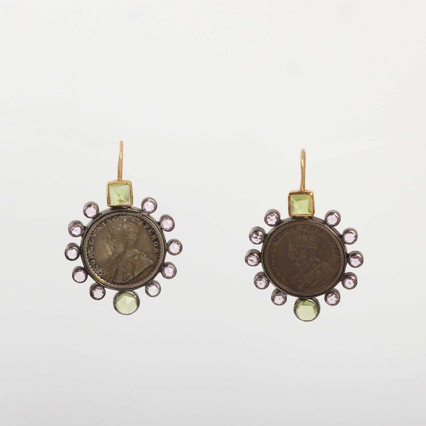 The Mahika SiGo Silver Gold, Silver coin, Pink Sapphire and Peridot Hook Earrings by Rasvihar