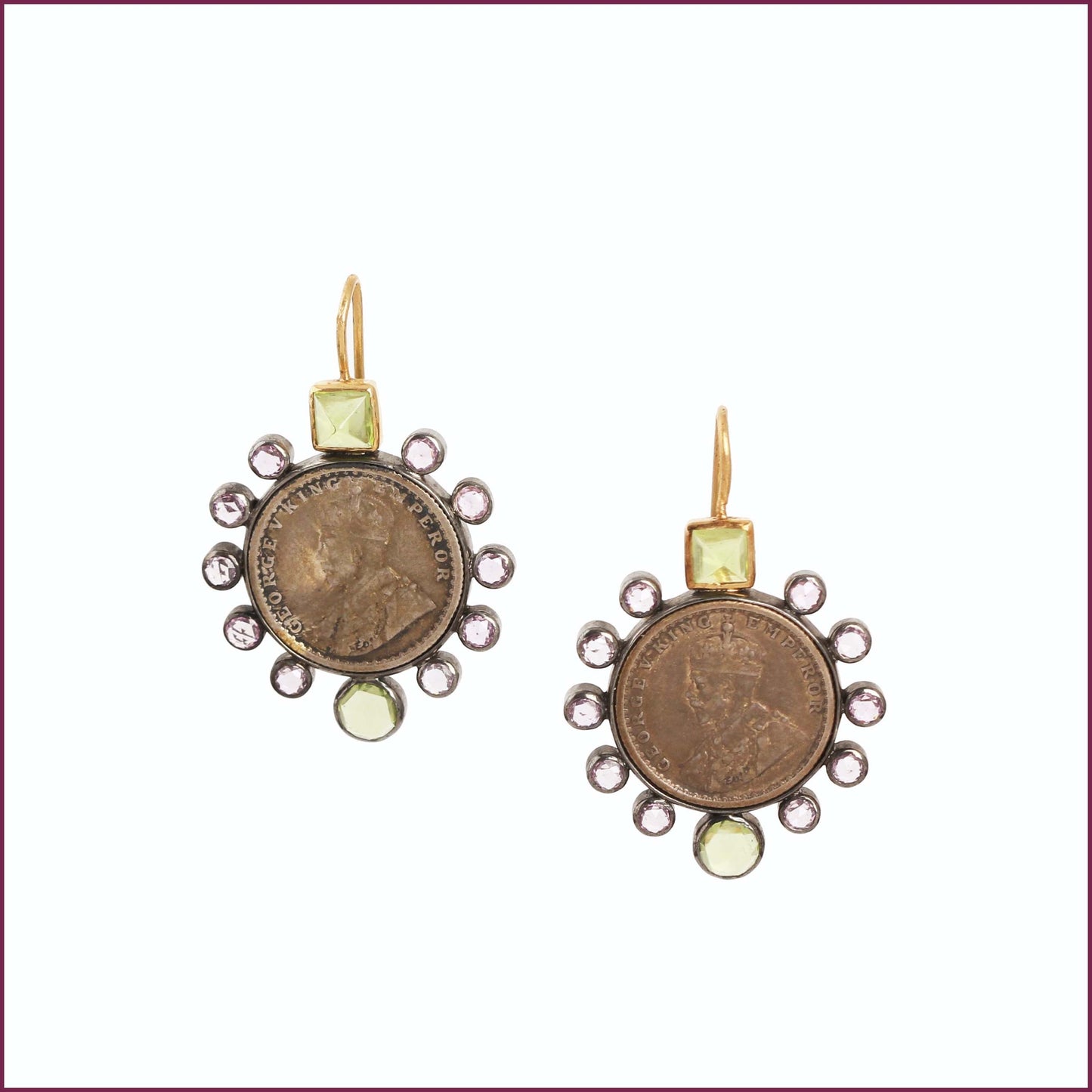 The Mahika SiGo Silver Gold, Silver coin, Pink Sapphire and Peridot Hook Earrings by Rasvihar